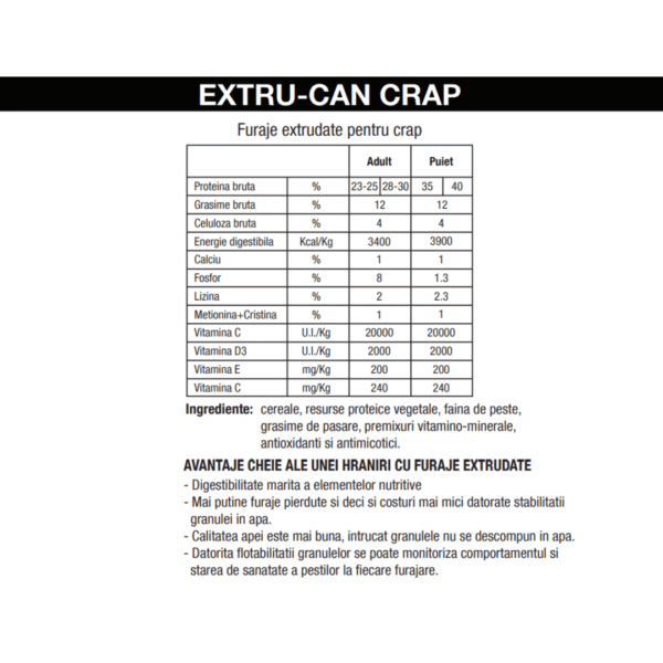 extru can furaje crap crestere 25% proteina, 12% grasime (granulatie 3mm) extrudat, 20kg