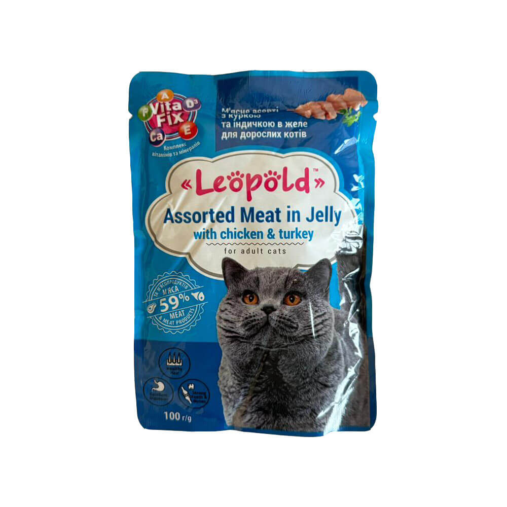 Leopold Pisici, Pui si Curcan in jeleu (24 plicuri x 100gr) 2.4 kg