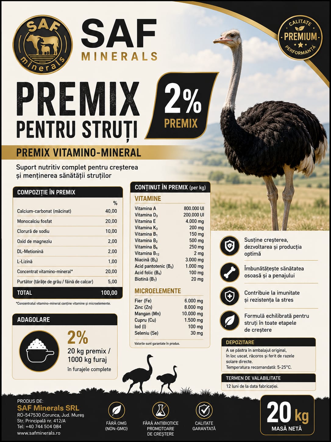 Premix pentru struți, premix vitamino-mineral, 20 kg